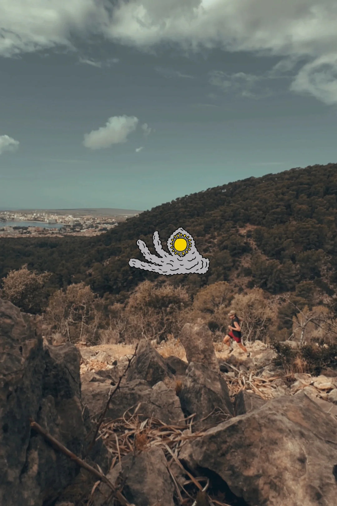 Man running in a dry landscape with Nowhere Somewhere logo in the middle