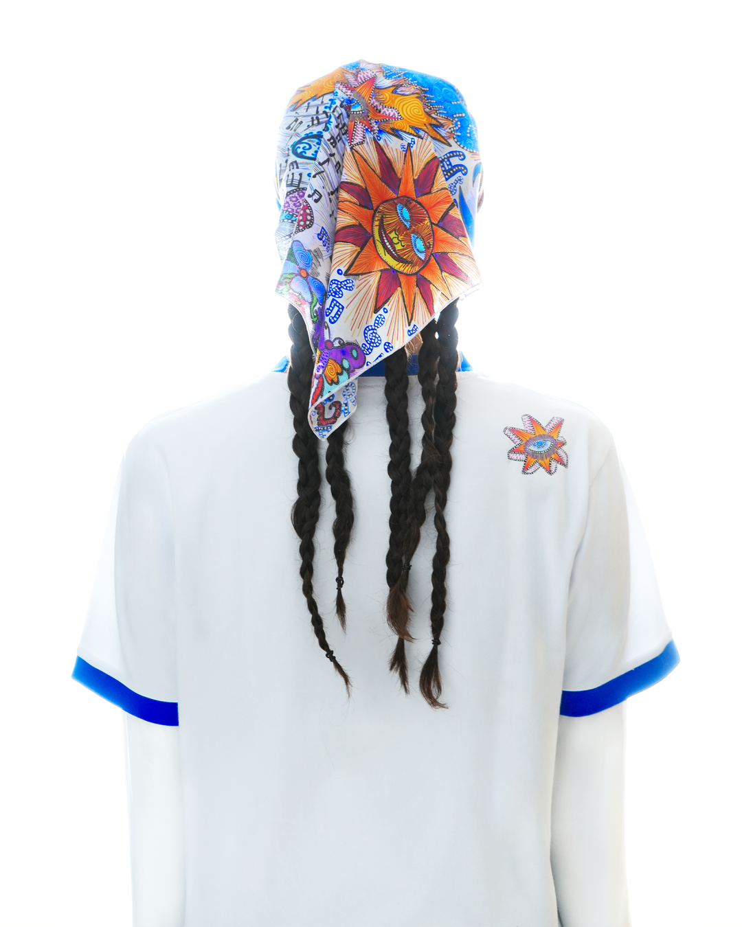 Art of Running ringer t-shirt by Lievre Running featuring a white base with blue ribbed collar and sleeves, detailed illustrated rabbit graphic by artist Adrien Sabbah on the front.