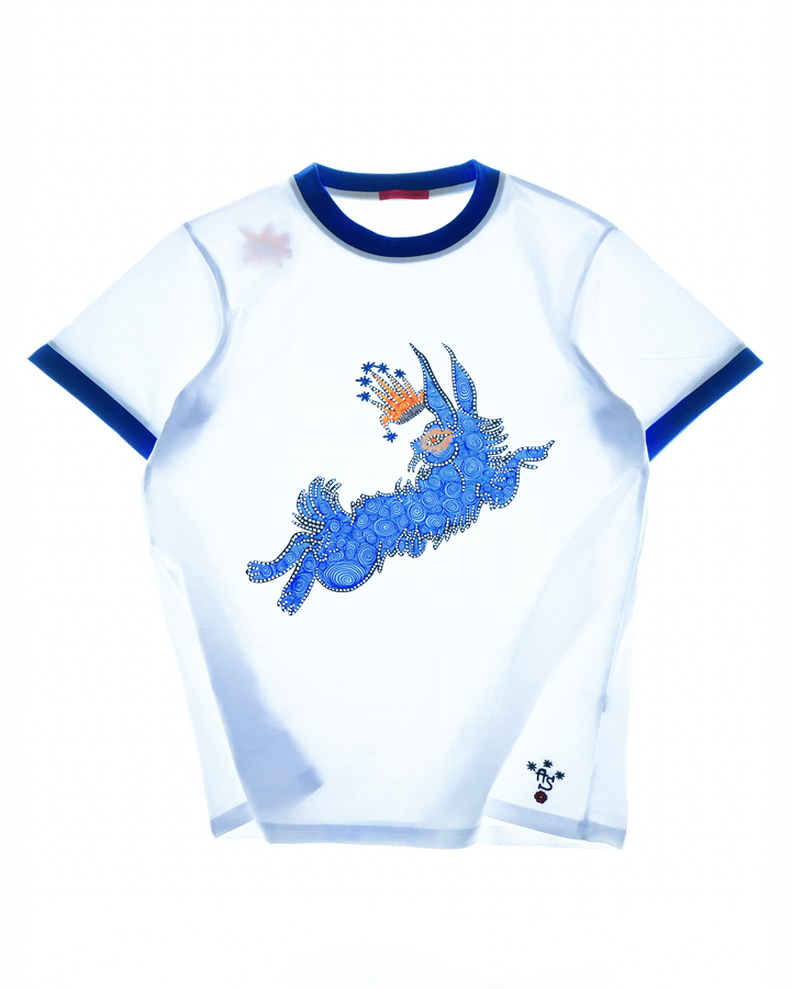 Art of Running ringer t-shirt by Lievre Running featuring a white base with blue ribbed collar and sleeves, detailed illustrated rabbit graphic by artist Adrien Sabbah on the front.