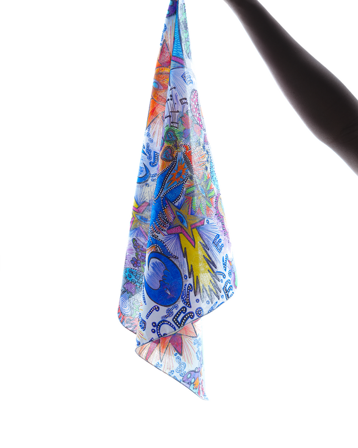 Art of Running bandana by Lievre Running featuring a vibrant multicolour illustrated pattern by artist Adrien Sabbah, lightweight fabric designed for running and outdoor use.