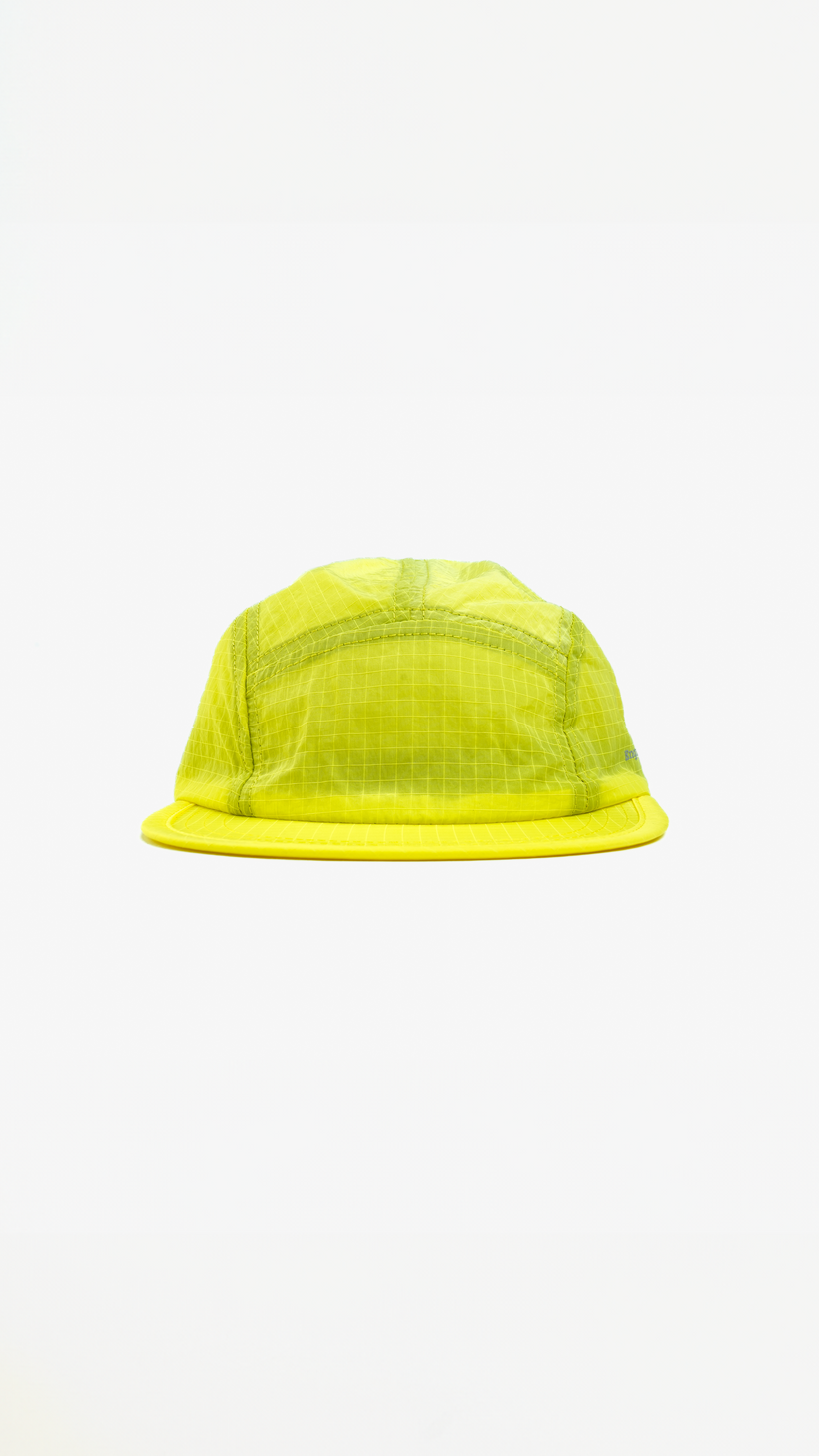Lievre Running yellow performance running cap, lightweight technical fabric with adjustable back cord and “Engineered for the Art of Running” text on the side panel.