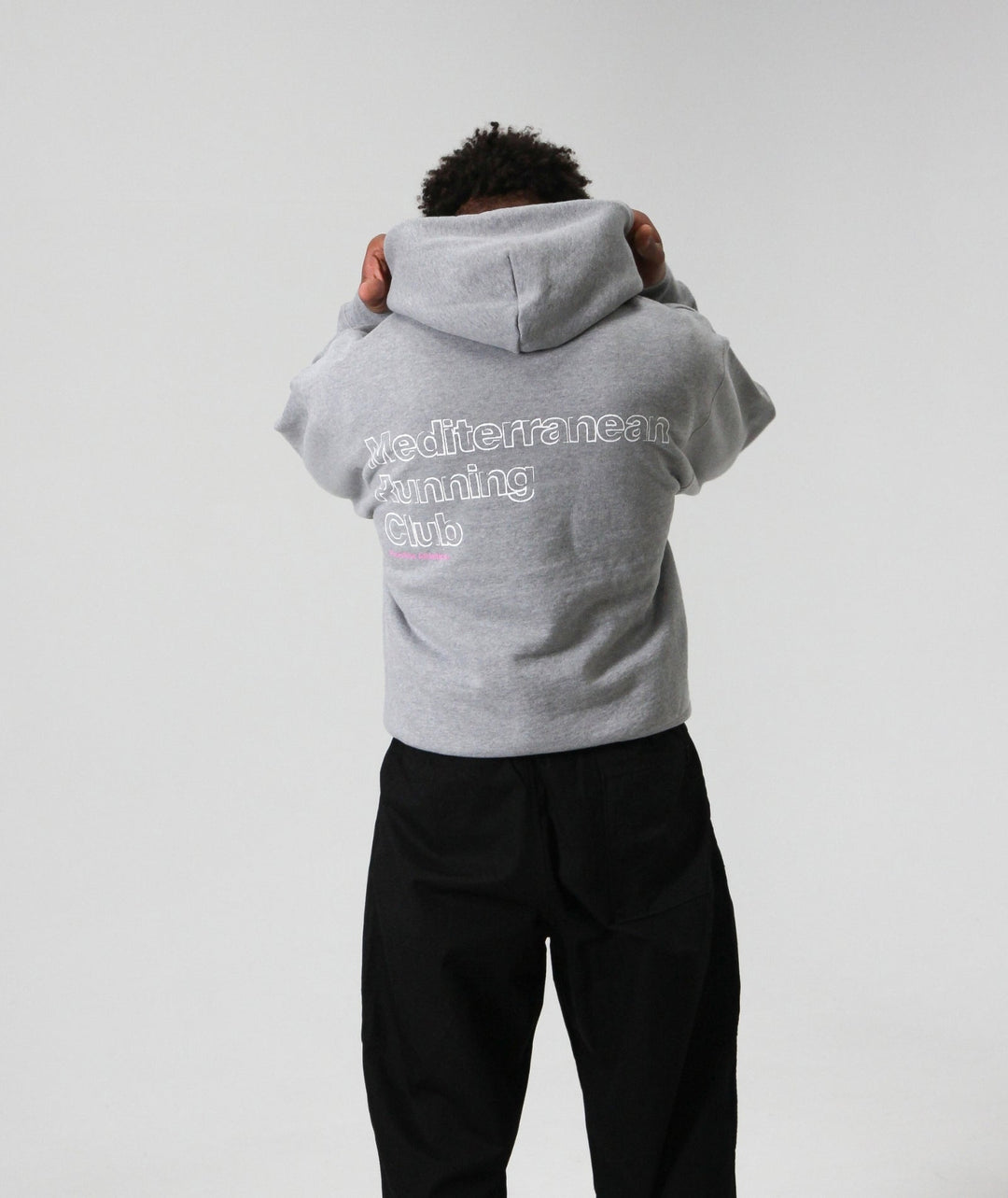 Peaufine Athletics Heavyweight Hoodie Mediterranean Running Club Heather Grey — worn back