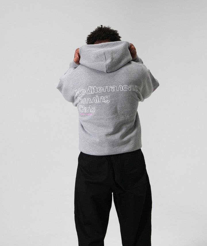 Peaufine Athletics Heavyweight Hoodie Mediterranean Running Club Heather Grey — worn back