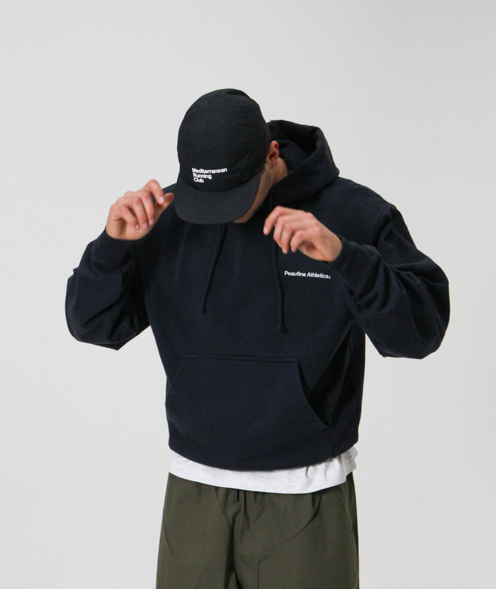 Peaufine Athletics Heavyweight Hoodie Mediterranean Running Club Navy FW26 — close-up