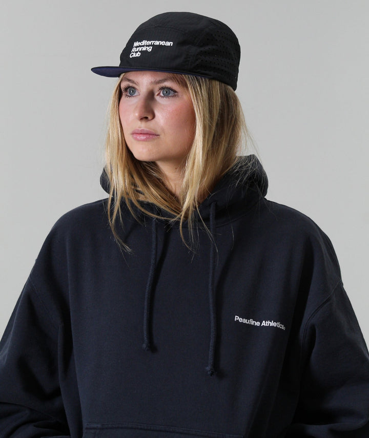 Peaufine Athletics Heavyweight Hoodie Mediterranean Running Club Navy FW26 — flat lay