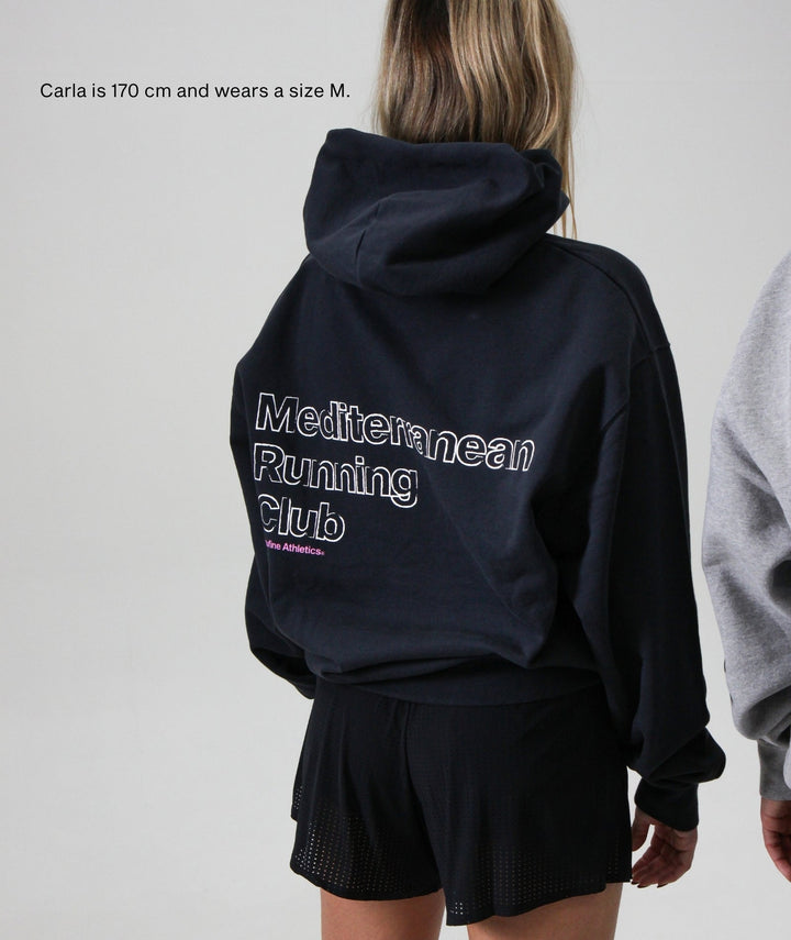 Peaufine Athletics Heavyweight Hoodie Mediterranean Running Club Navy FW26 — worn side