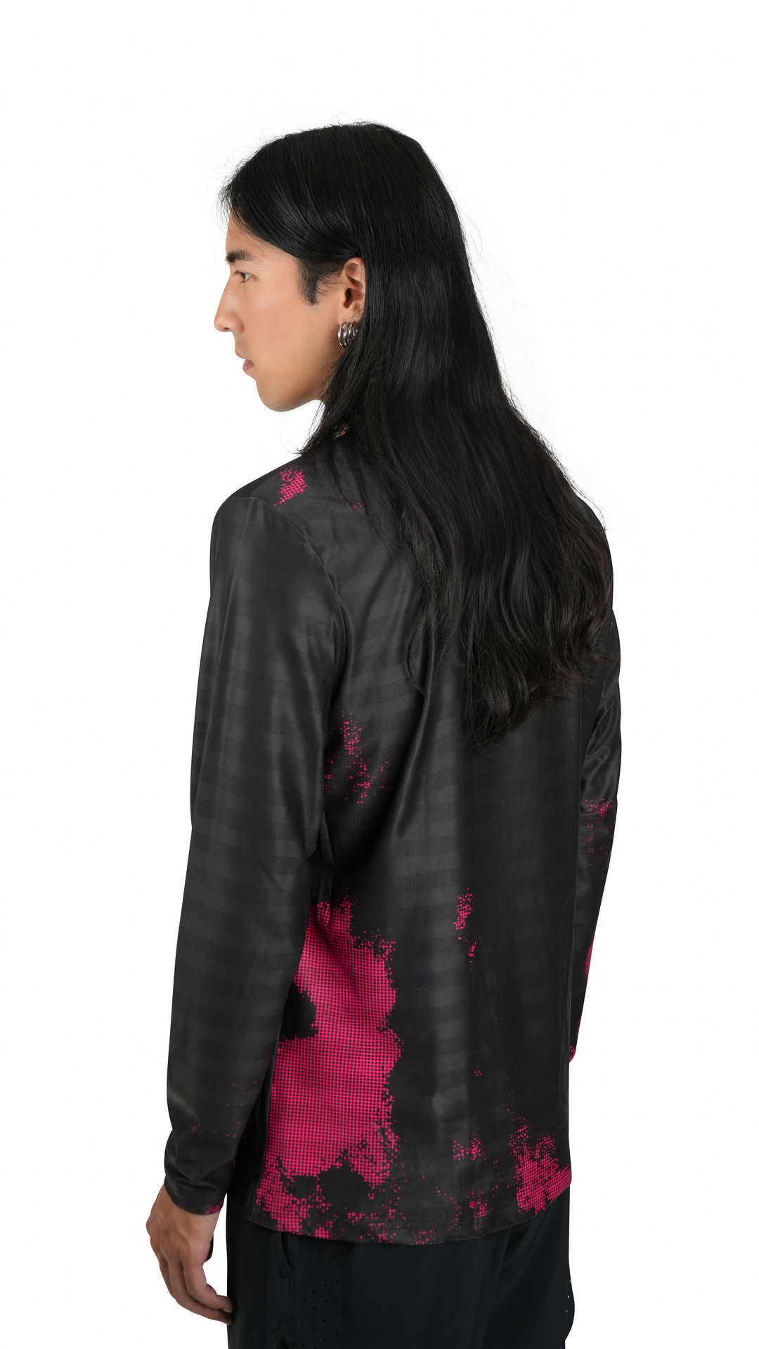 Lievre Running black long sleeve running tee, technical fabric with subtle tonal stripes and pink pixelated graphic accents on sleeves and lower body, white Lievre Running logo on chest.