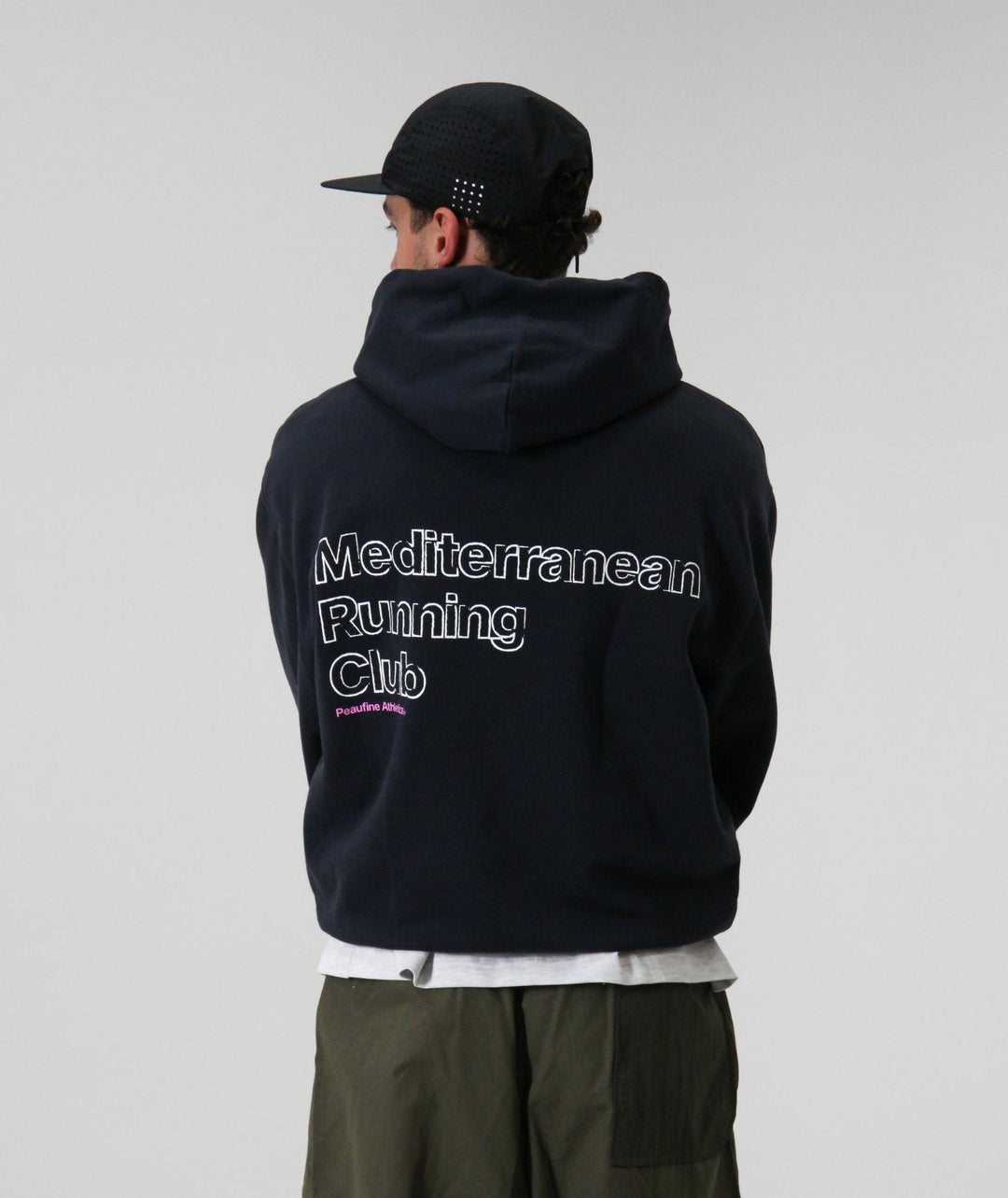 Peaufine Athletics Heavyweight Hoodie Mediterranean Running Club Navy FW26 — detail