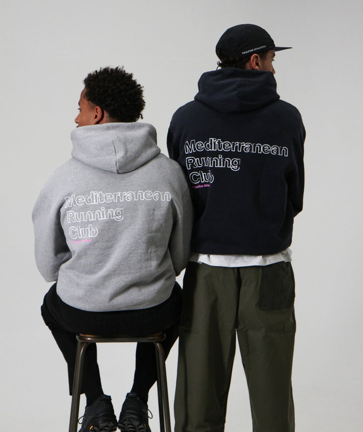Peaufine Athletics Heavyweight Hoodie Mediterranean Running Club Heather Grey — front view