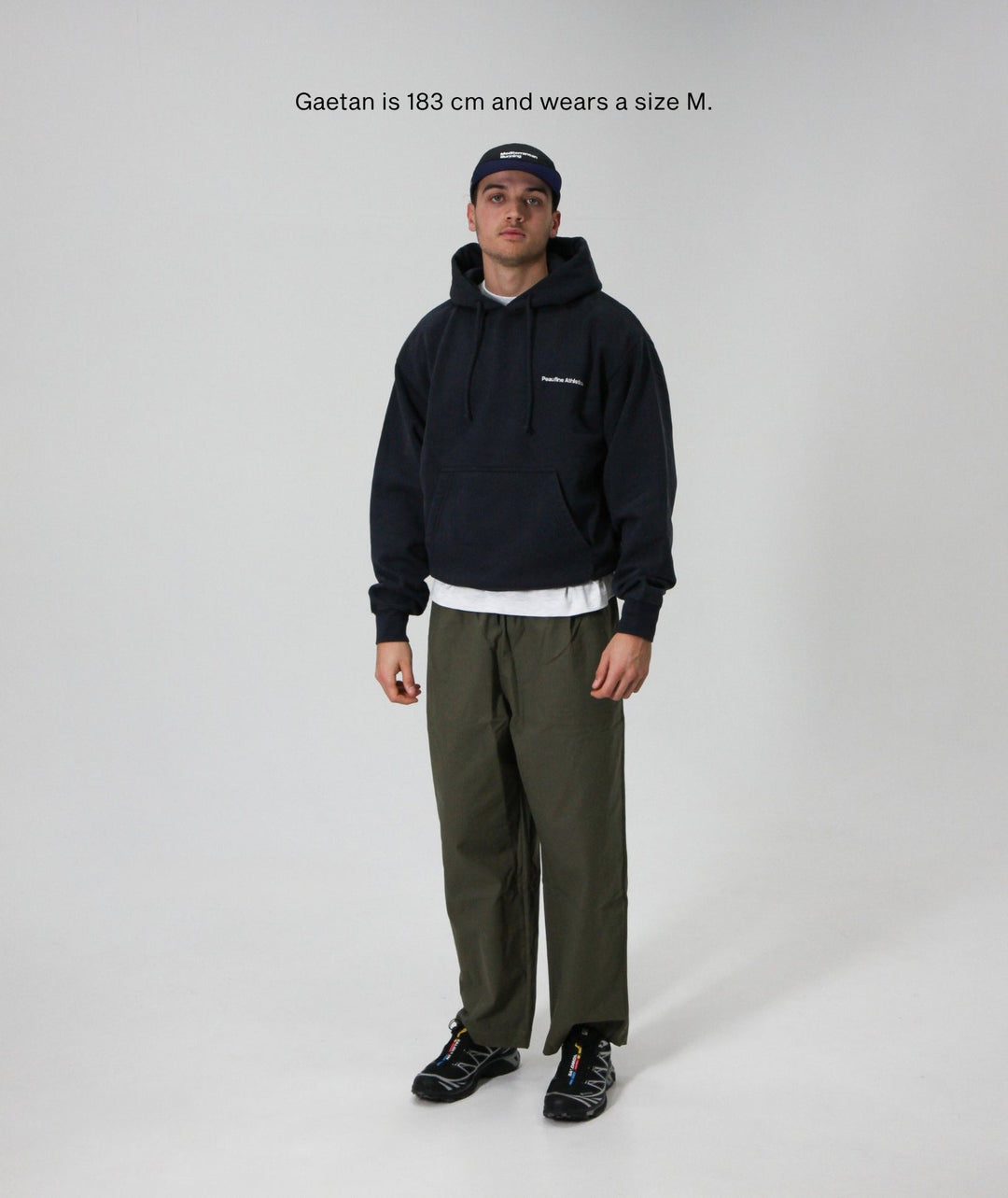 Peaufine Athletics Heavyweight Hoodie Mediterranean Running Club Navy FW26 — worn back