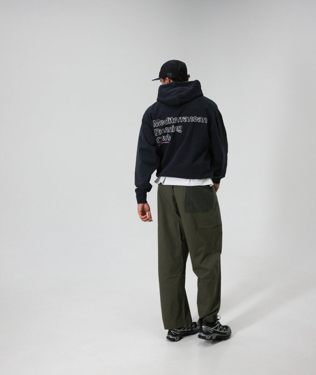 Peaufine Athletics Heavyweight Hoodie Mediterranean Running Club Navy FW26 — worn front