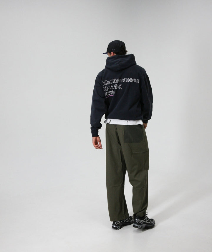 Peaufine Athletics Heavyweight Hoodie Mediterranean Running Club Navy FW26 — worn front