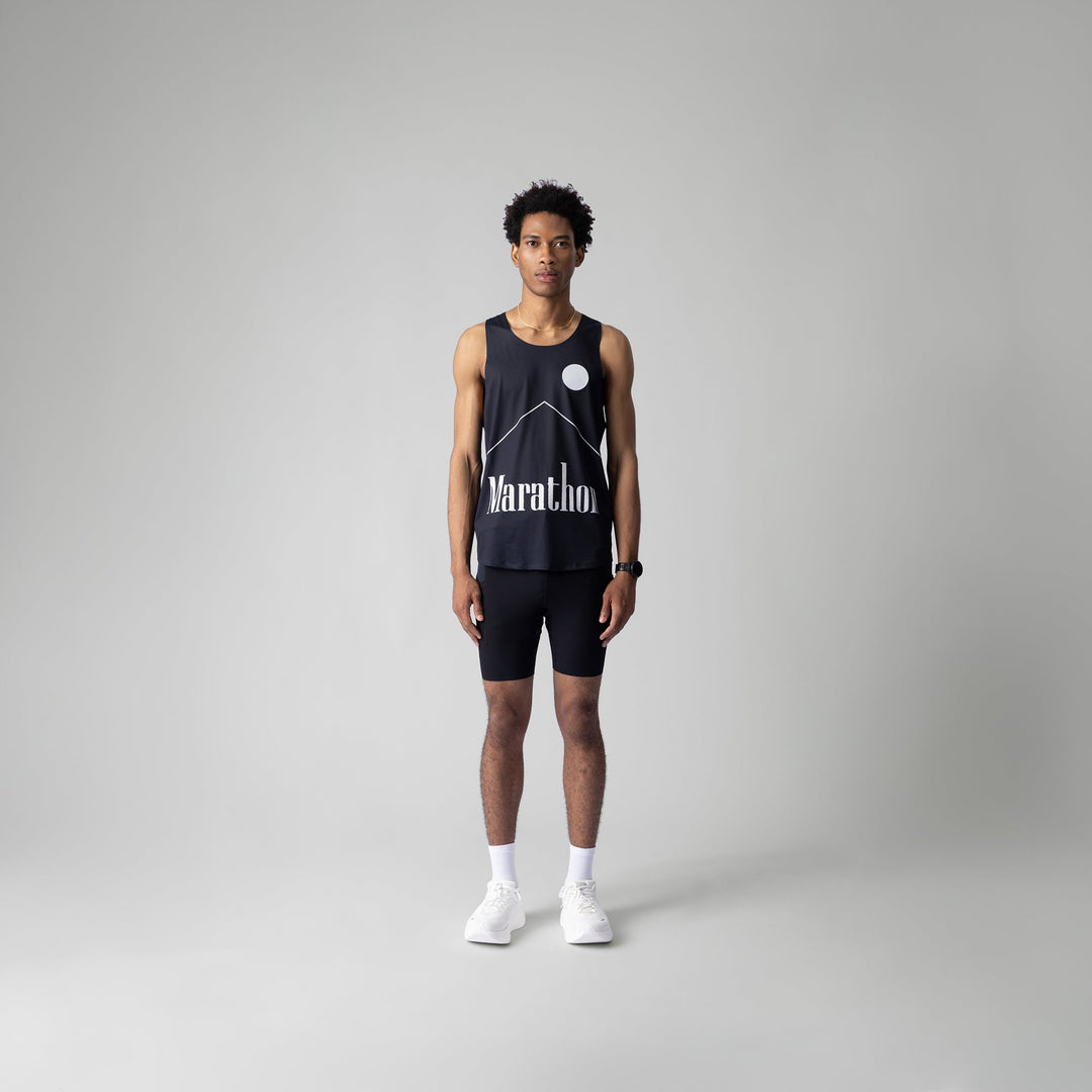 A black Marlboro singlet featuring a breathable design for running and workouts, made from lightweight polyester and spandex.