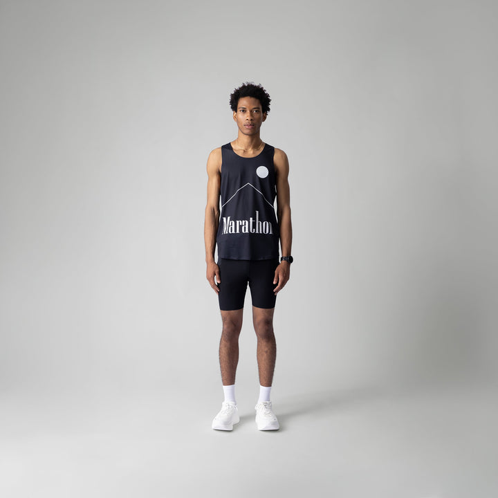 A black Marlboro singlet featuring a breathable design for running and workouts, made from lightweight polyester and spandex.