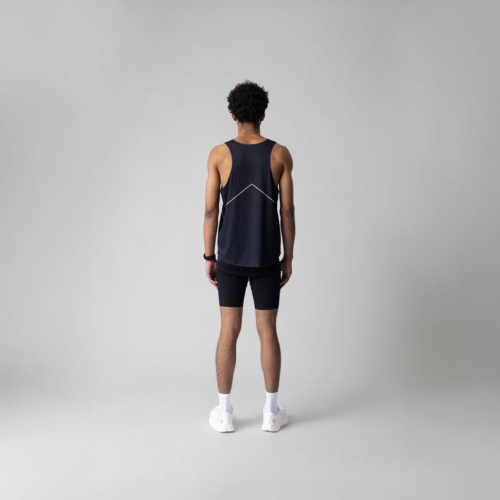 A black singlet featuring a breathable design for running and workouts, made from lightweight polyester and spandex.