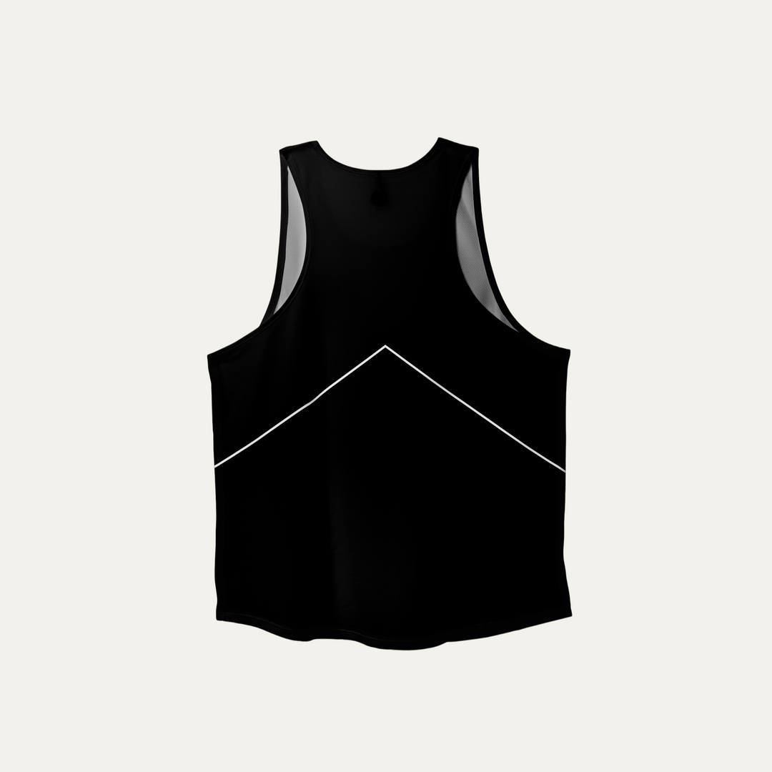 A black Marlboro singlet featuring a breathable design for running and workouts, made from lightweight polyester and spandex.