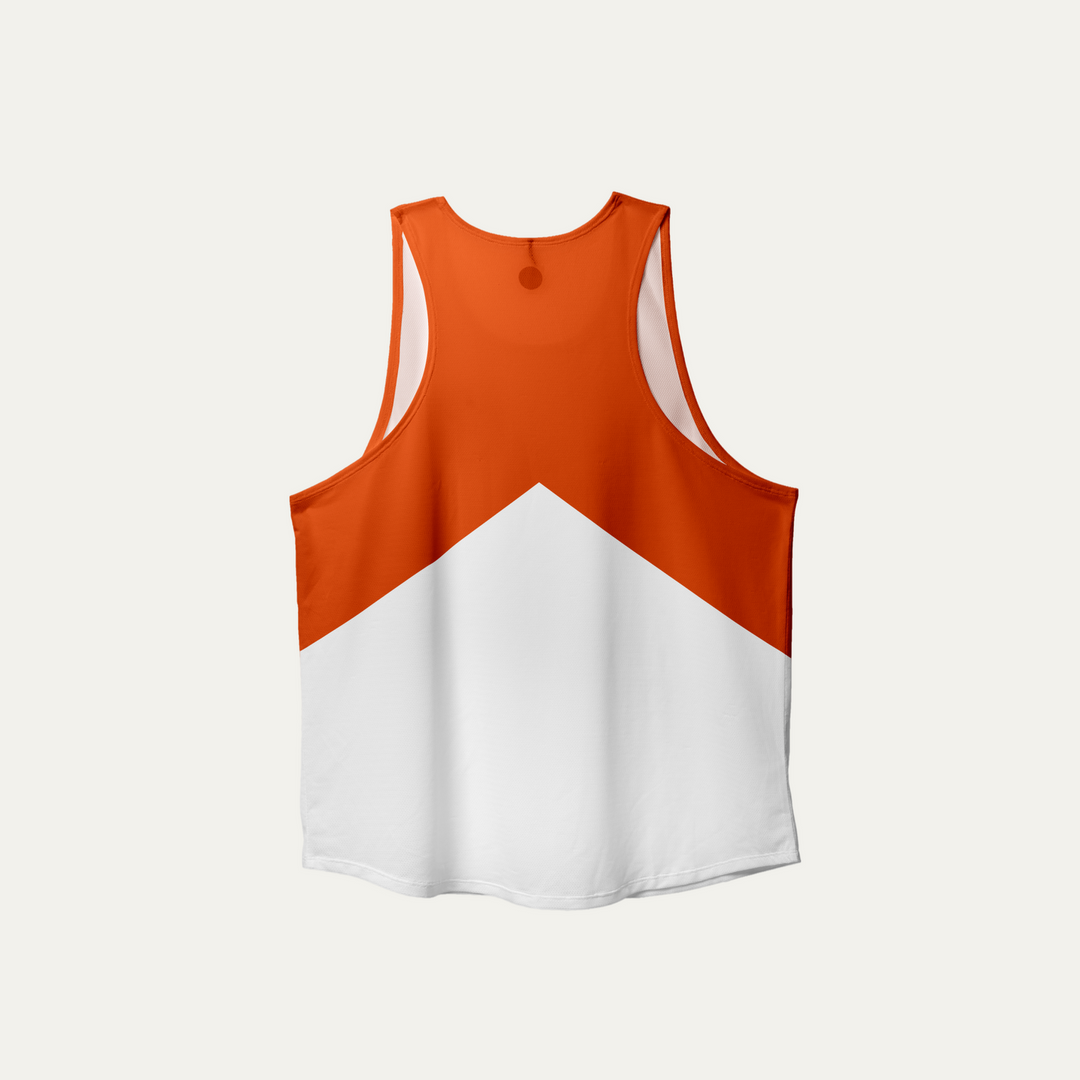 Participation Marathon red and white singlet, breathable mesh, teal–tan wing print, white circle logo on chest. Marlboro inspiration