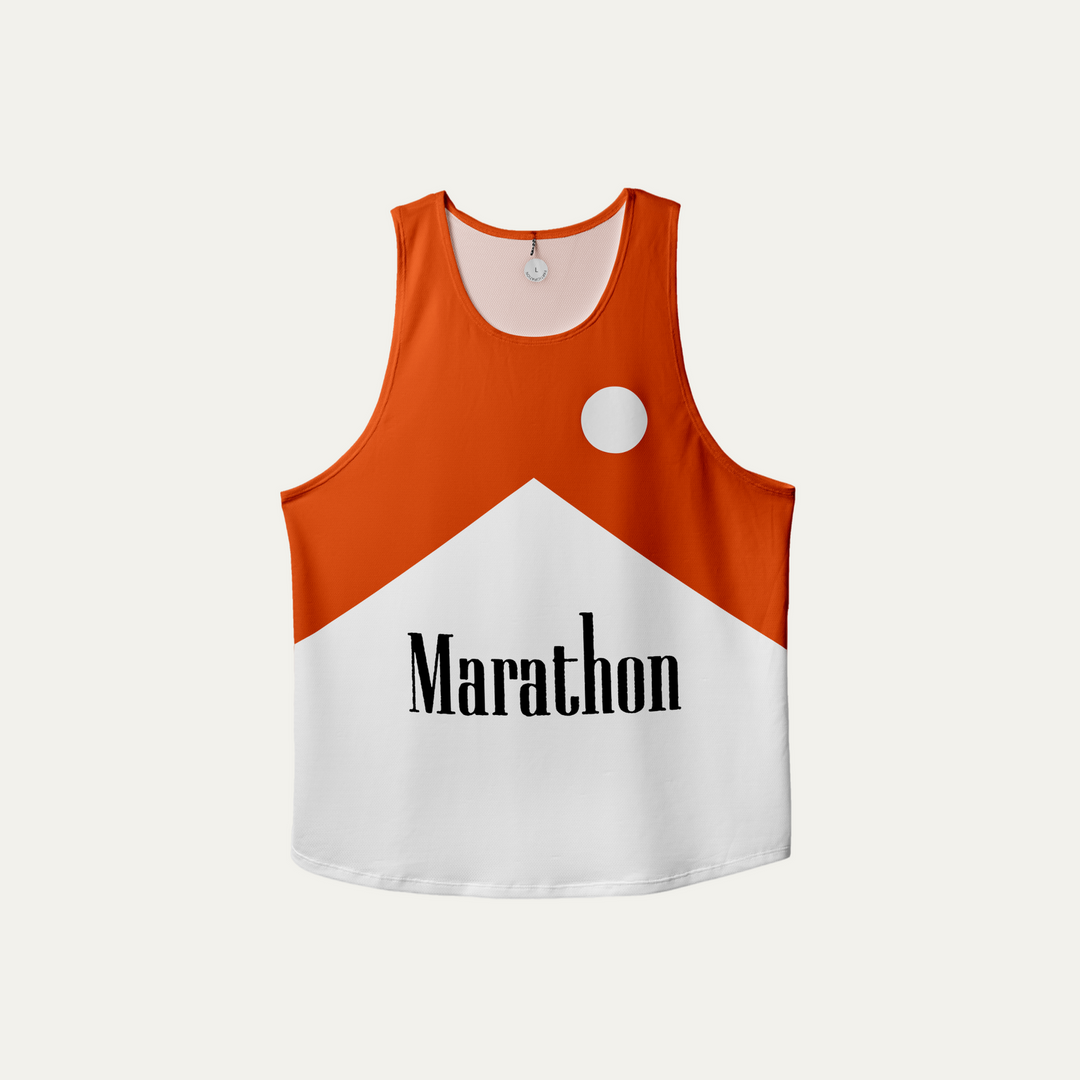 Participation Marathon red and white singlet, breathable mesh, teal–tan wing print, white circle logo on chest. Marlboro inspiration