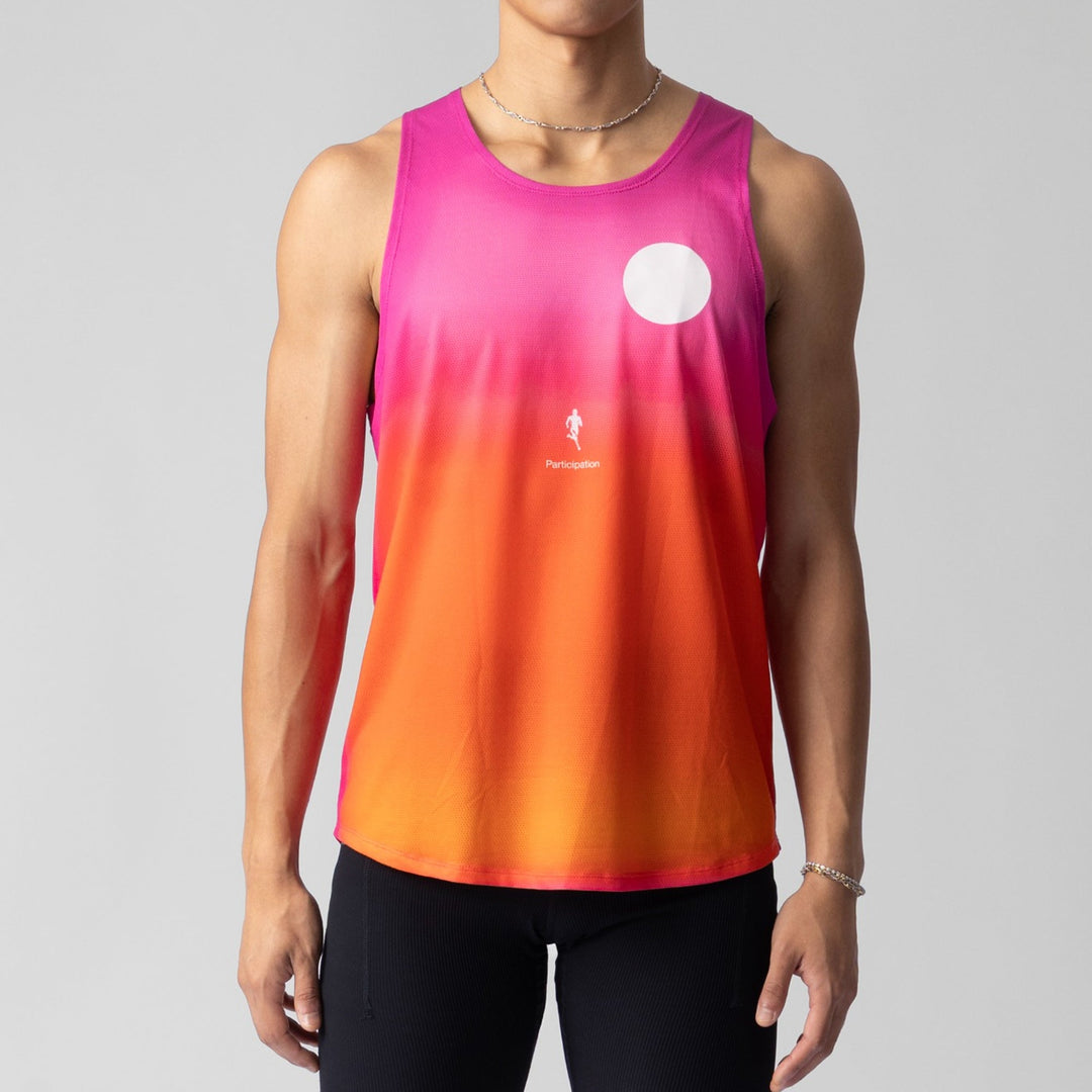 Front view of the Participation Pink Glow Singlet showcasing its breathable fabric and vibrant pink color.