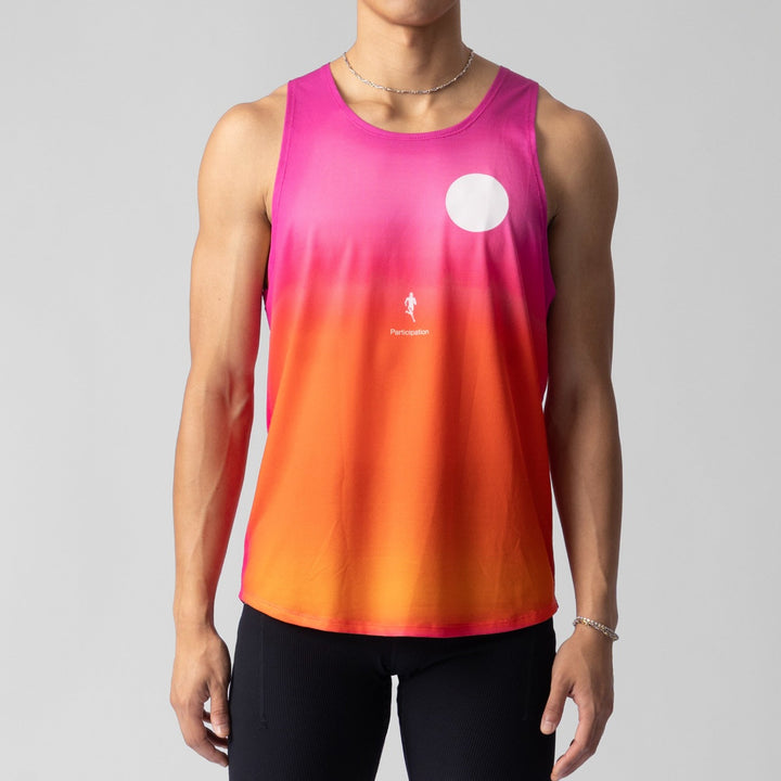 Front view of the Participation Pink Glow Singlet showcasing its breathable fabric and vibrant pink color.