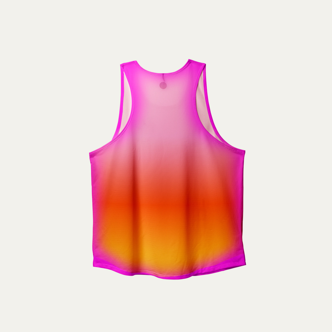 Front view of the Participation Pink Glow Singlet showcasing its breathable fabric and vibrant pink color.