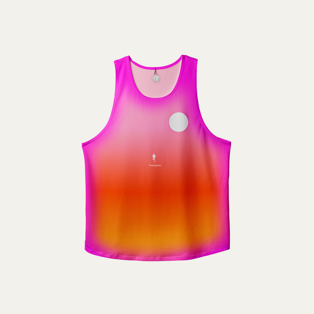 Front view of the Participation Pink Glow Singlet showcasing its breathable fabric and vibrant pink color.