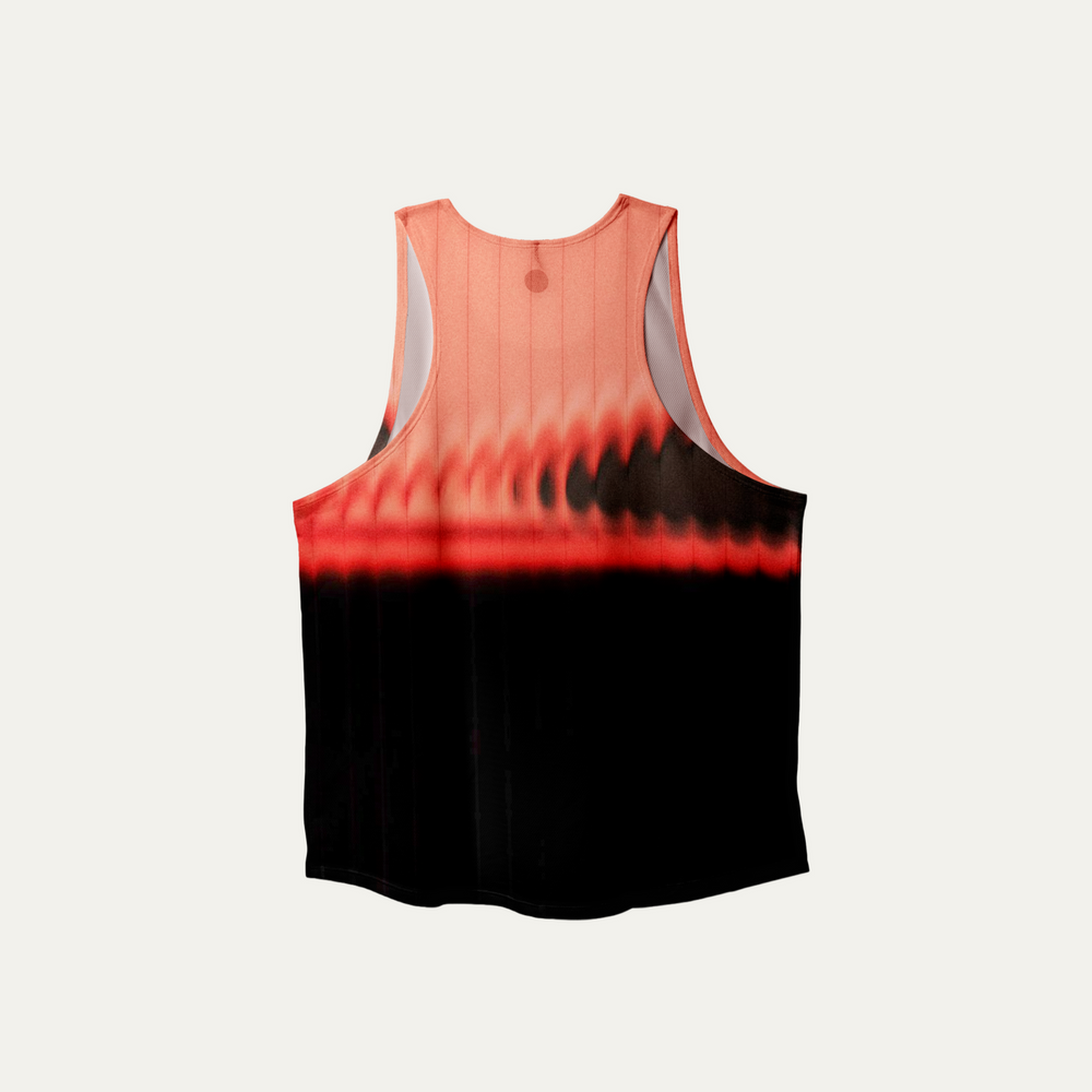 Participation Red Glass running singlet, breathable mesh, red-black gradient, white circle logo on chest.
