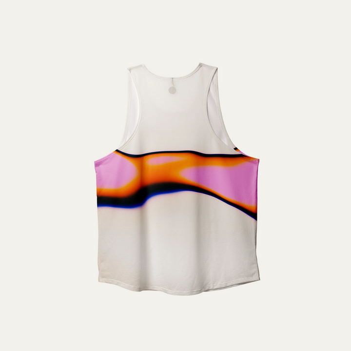 Participation pink gradient singlet, breathable mesh, teal–tan wing print, white circle logo on chest.