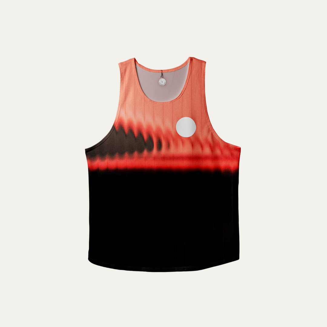 Participation Red Glass running singlet, breathable mesh, red-black gradient, white circle logo on chest.