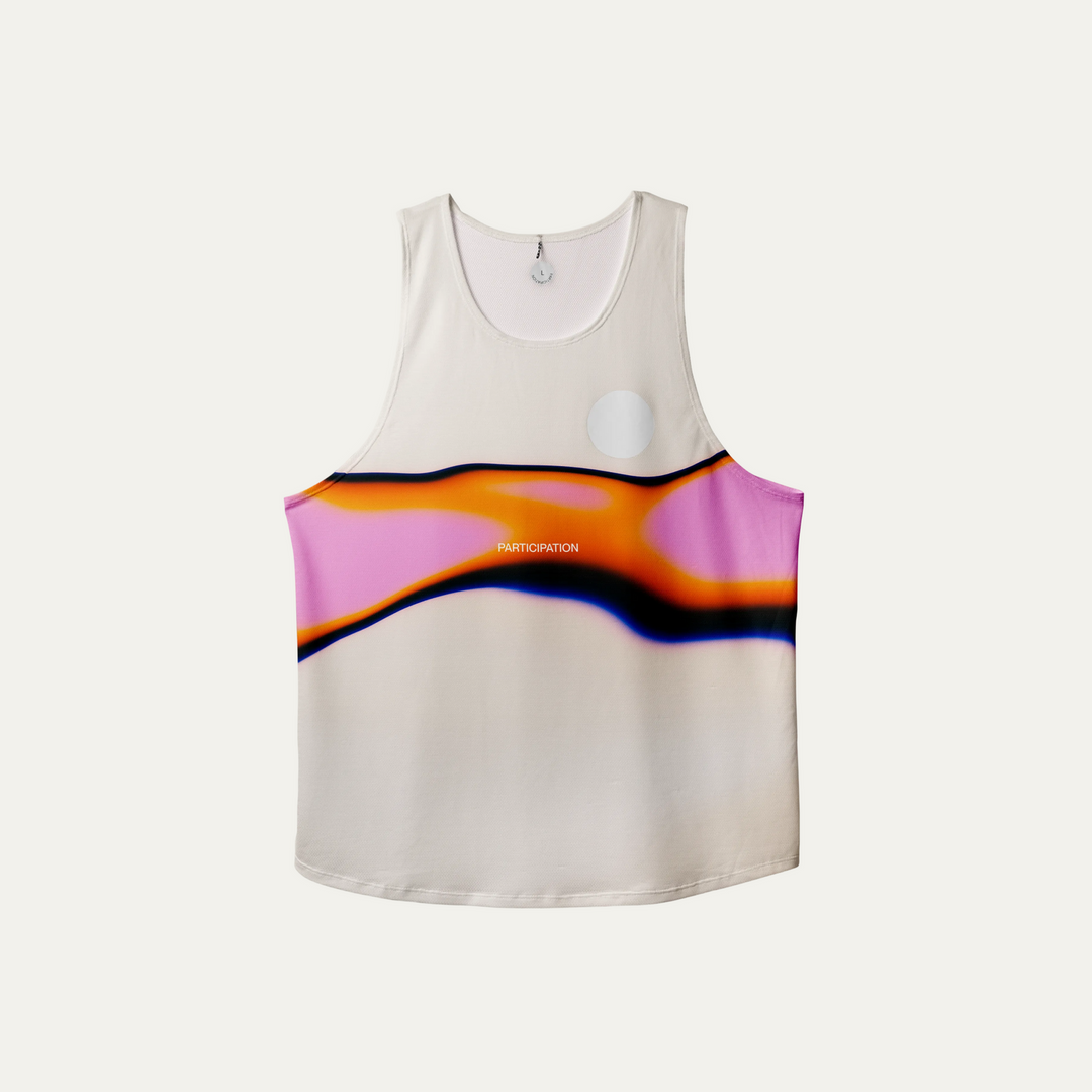 Participation pink gradient singlet, breathable mesh, teal–tan wing print, white circle logo on chest.