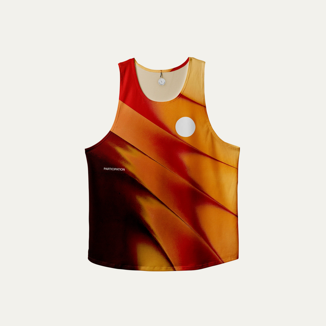 A lightweight and breathable orange singlet from Participation, designed for activewear with moisture-wicking properties.