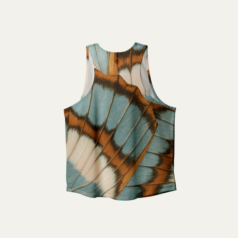 Participation butterfly singlet, breathable mesh, teal–tan wing print, white circle logo on chest.