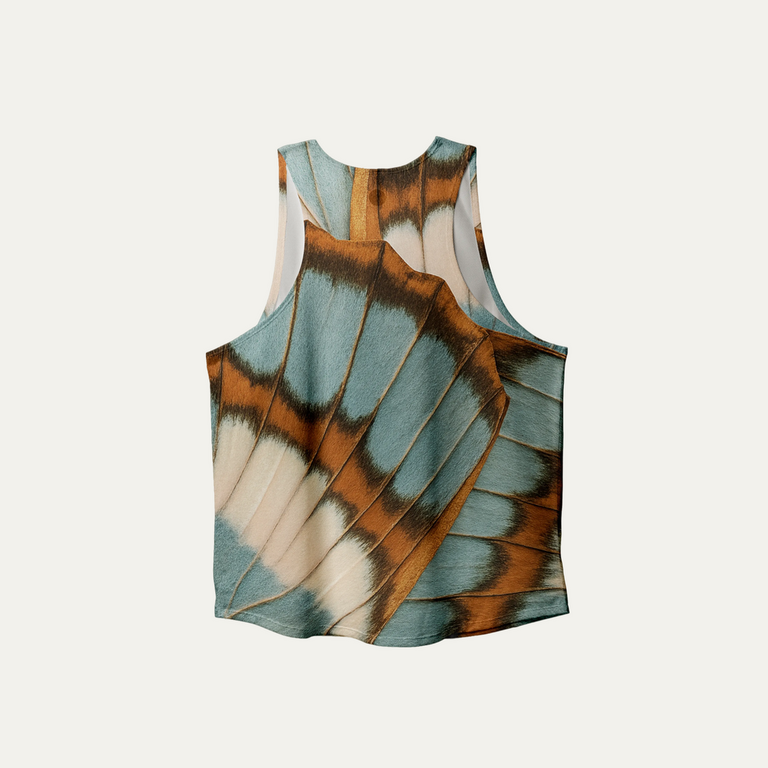 Participation butterfly singlet, breathable mesh, teal–tan wing print, white circle logo on chest.