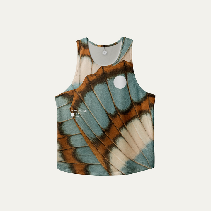 Participation butterfly singlet, breathable mesh, teal–tan wing print, white circle logo on chest.