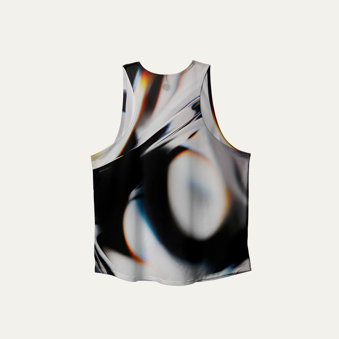 A stylish white glass effect singlet for activewear, showcasing breathable fabric and a sleeveless design.