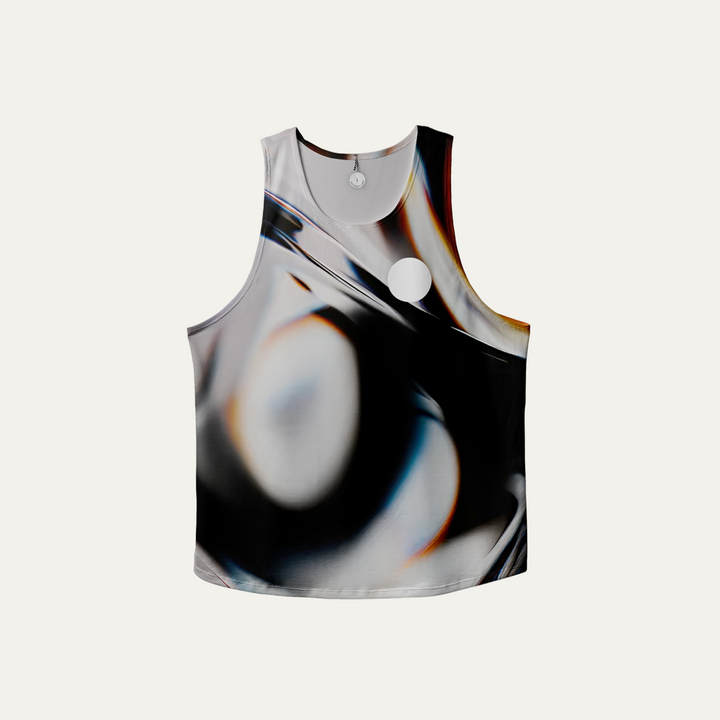 A stylish white glass effect singlet for activewear, showcasing breathable fabric and a sleeveless design.