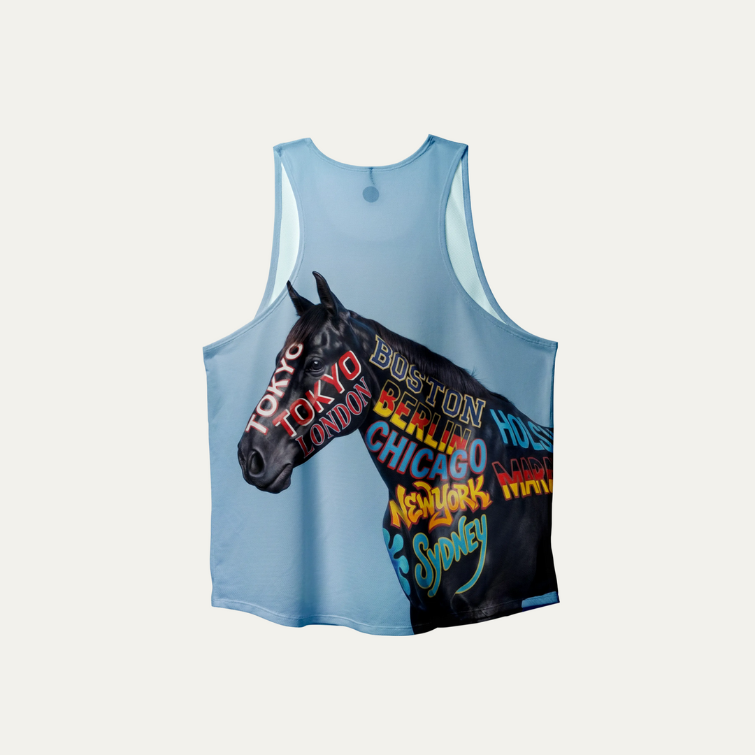 Participation All Majors Singlet featuring a horse design with representations of major marathons.