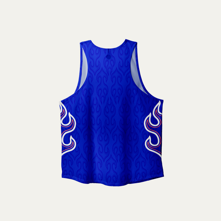 Blue Participation National Singlet featuring flame design, suitable for running.