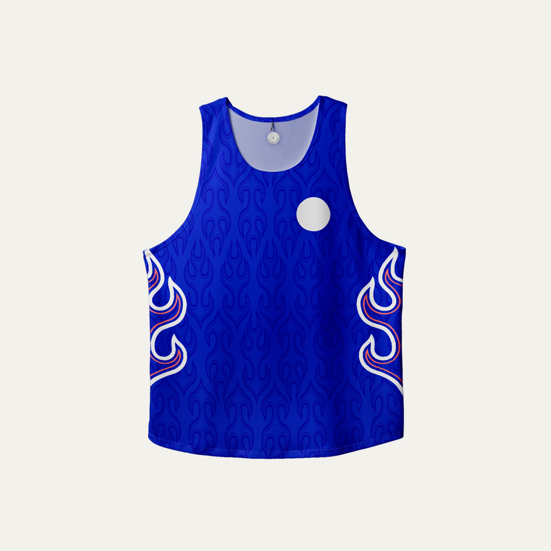 Blue Participation National Singlet featuring flame design, suitable for running.