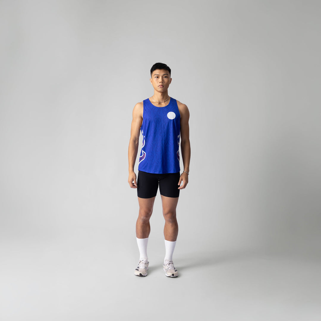 Blue Participation National Singlet featuring flame design, suitable for running.