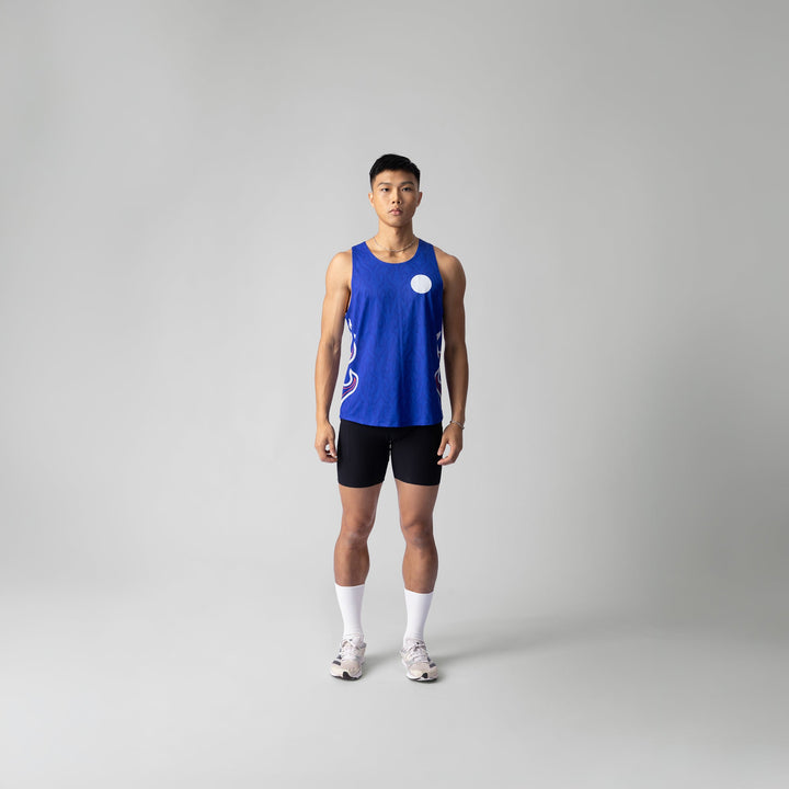 Blue Participation National Singlet featuring flame design, suitable for running.