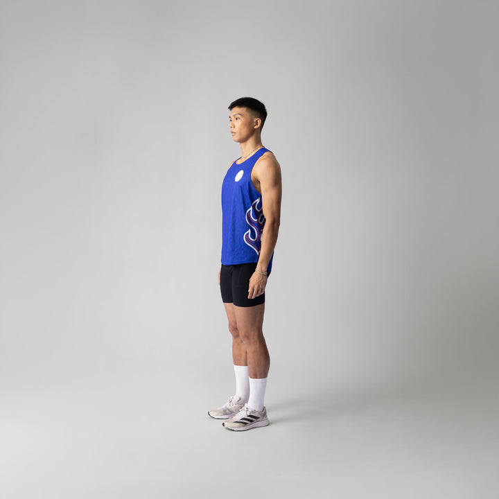 Blue Participation National Singlet featuring flame design, suitable for running.