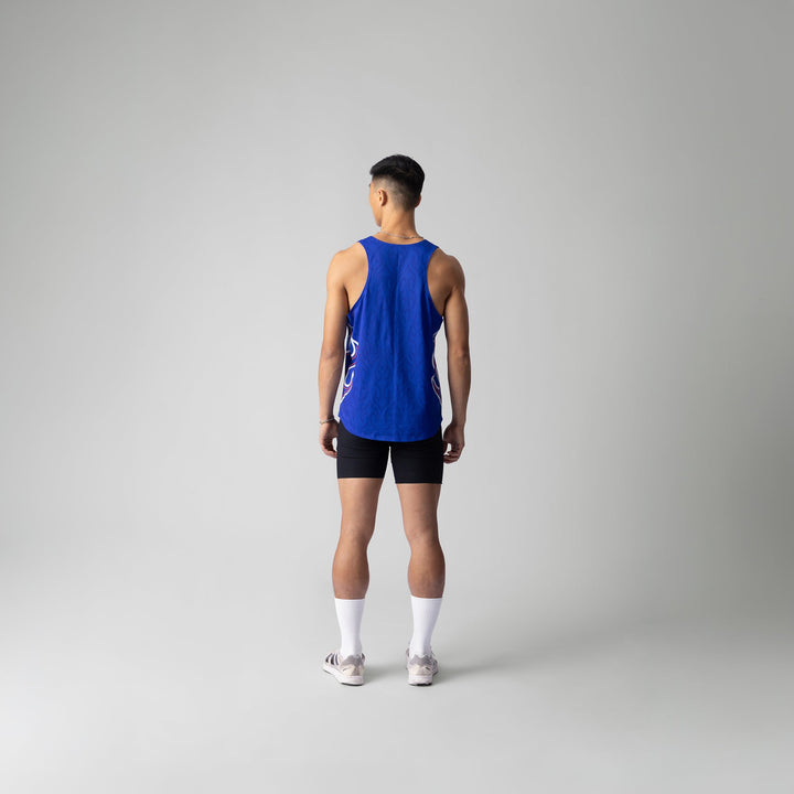 Blue Participation National Singlet featuring flame design, suitable for running.
