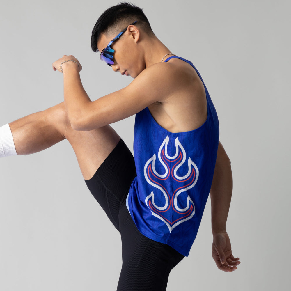 Blue Participation National Singlet featuring flame design, suitable for running.