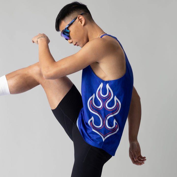 Blue Participation National Singlet featuring flame design, suitable for running.