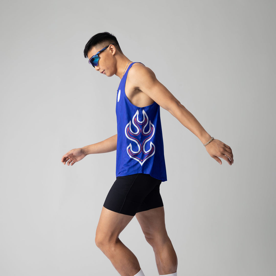 Blue Participation National Singlet featuring flame design, suitable for running.