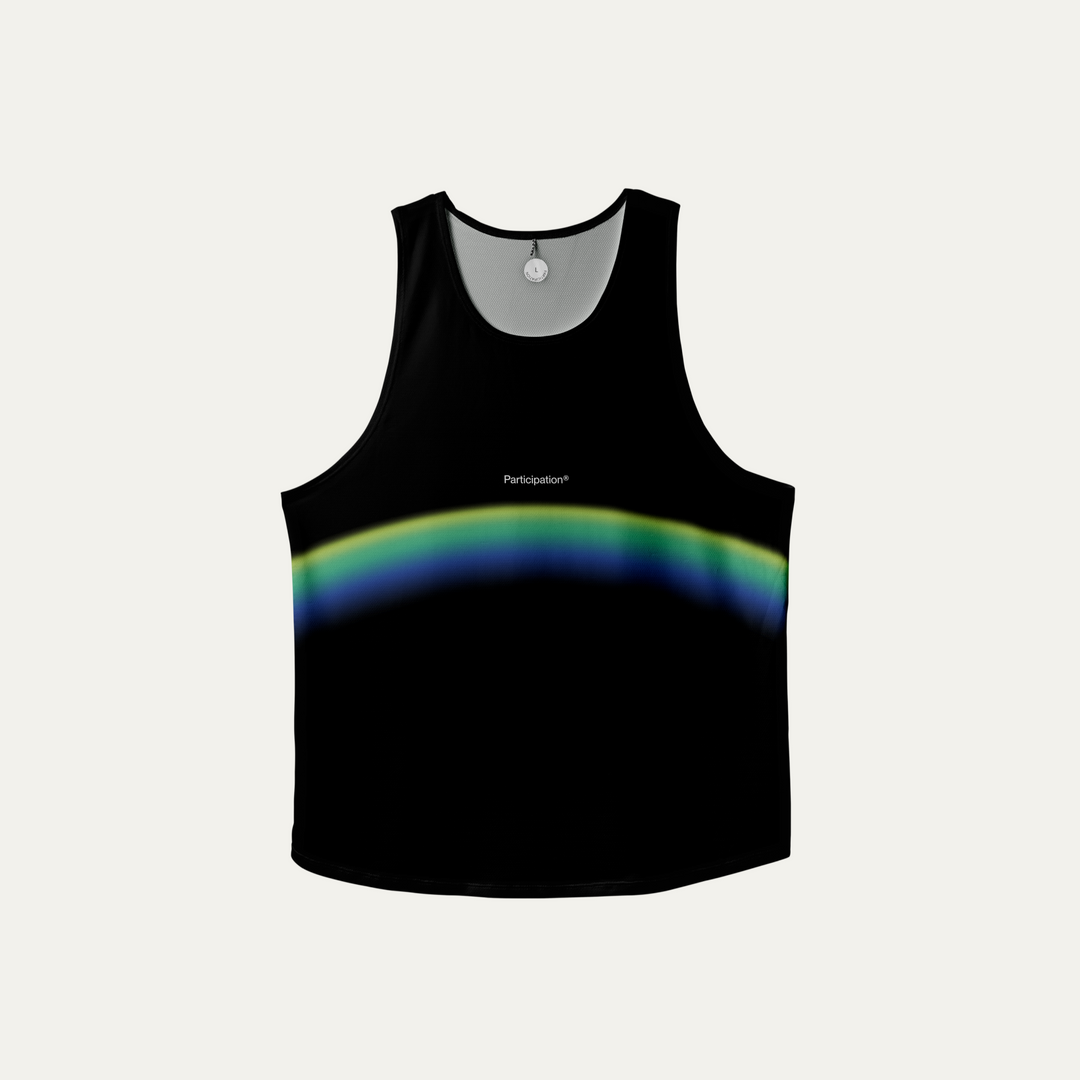 Participation Dark rainbow Singlet showcasing a vibrant design perfect for running