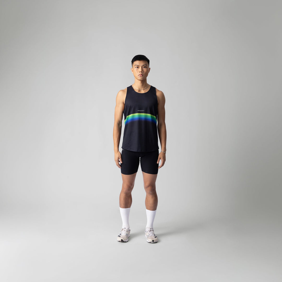 Participation Dark rainbow Singlet showcasing a vibrant design perfect for running