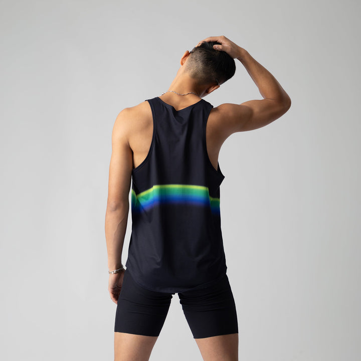 Participation Dark rainbow Singlet showcasing a vibrant design perfect for running