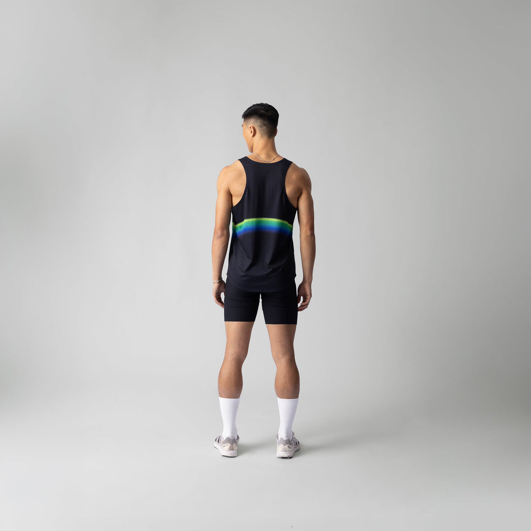 Participation Dark rainbow Singlet showcasing a vibrant design perfect for running